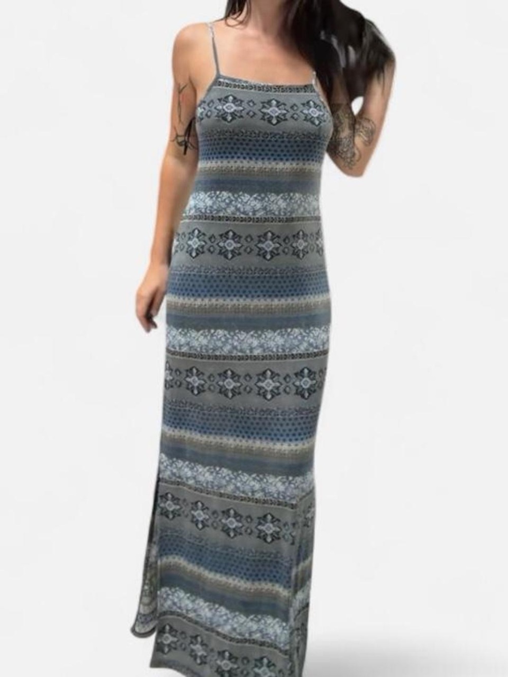 Grey-Blue Patterned Spaghetti Strap Maxi Dress